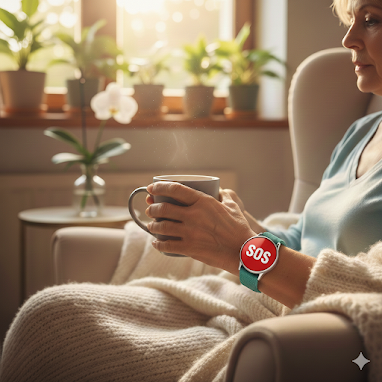 Mujer de unos 60 años sentada cómodamente en un sillón sosteniendo una taza, llevando en la muñeca un dispositivo SOS elegante y moderno con una pantalla roja que muestra las letras "SOS" de forma clara.
