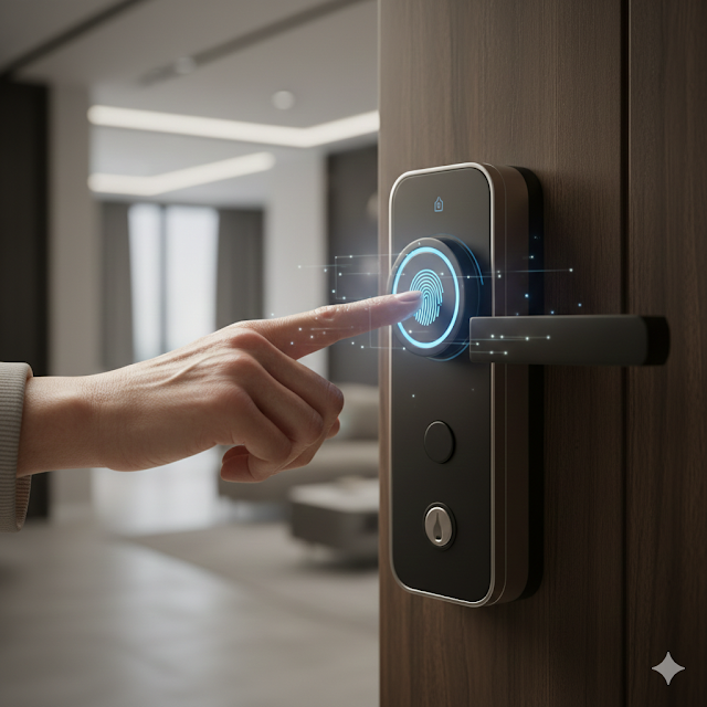 Mano de senior utilizando cerradura inteligente con huella dactilar y sistema de seguridad biométrico en puerta de madera moderna