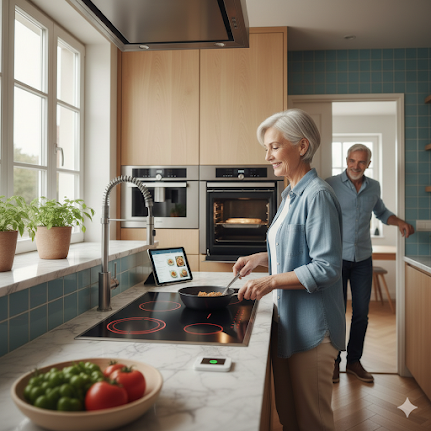 Pareja de unos 60 años en una cocina moderna con placa de inducción segura y tablet con recetas, destacando la ergonomía y la seguridad preventiva.