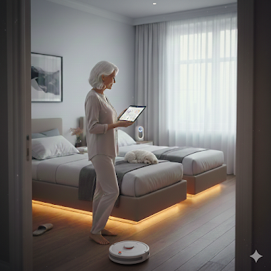 Mujer mayor en un dormitorio moderno con camas articuladas iluminadas, consultando una tablet de salud mientras un robot aspirador limpia el suelo y un perro descansa.