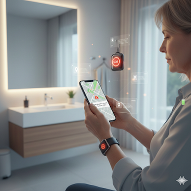 Mujer senior utilizando tecnología de hogar inteligente para vida autónoma 2026