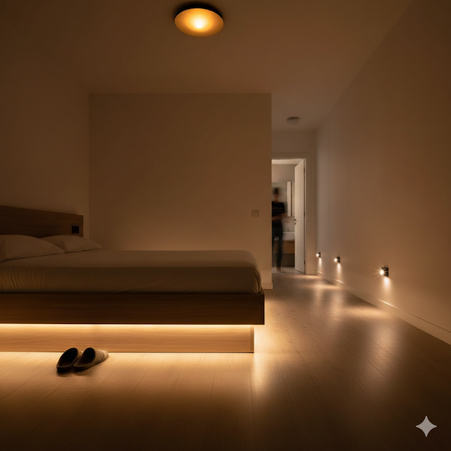 Dormitorio con balizamiento inteligente bajo la cama para prevención de caídas