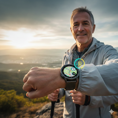 Hombre senior activo utilizando smartwatch con GPS y salud 2026